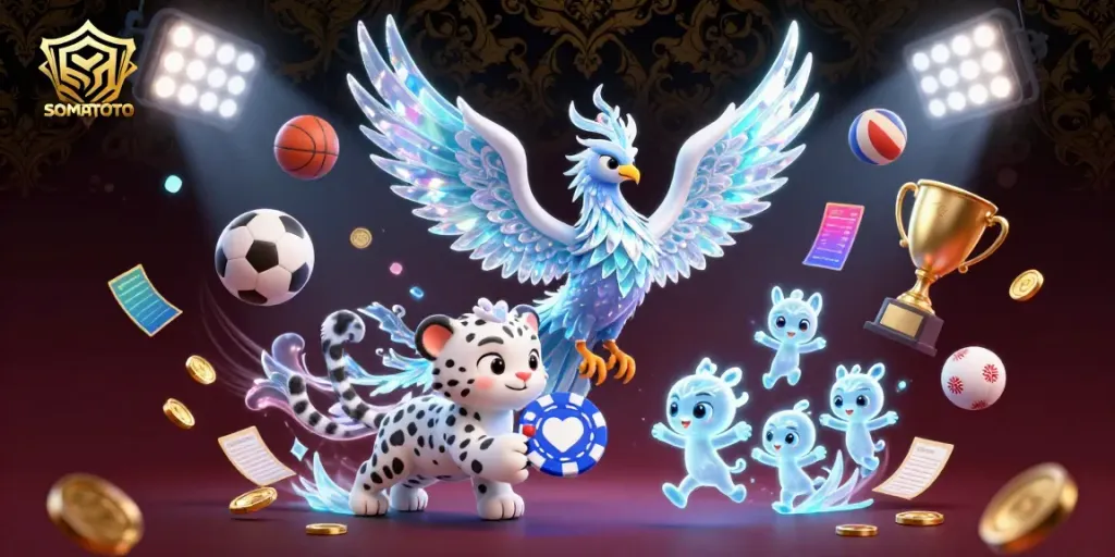 SOMATOTO's vibrant casino scene featuring an ice phoenix, playful snow leopard, and sports elements.