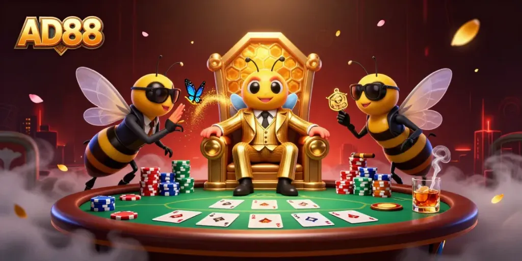 Experience the excitement of AD88 casino with a bumblebee mob boss overseeing an action-packed poker scene.
