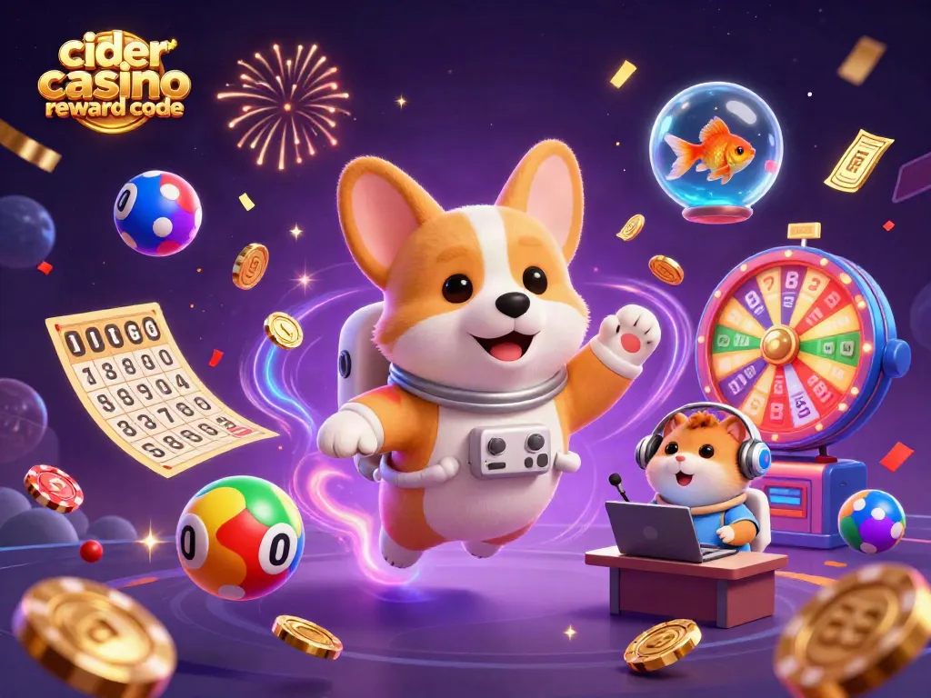 Engage with the exciting cider casino reward code in a vibrant cosmic casino scene filled with floating coins.