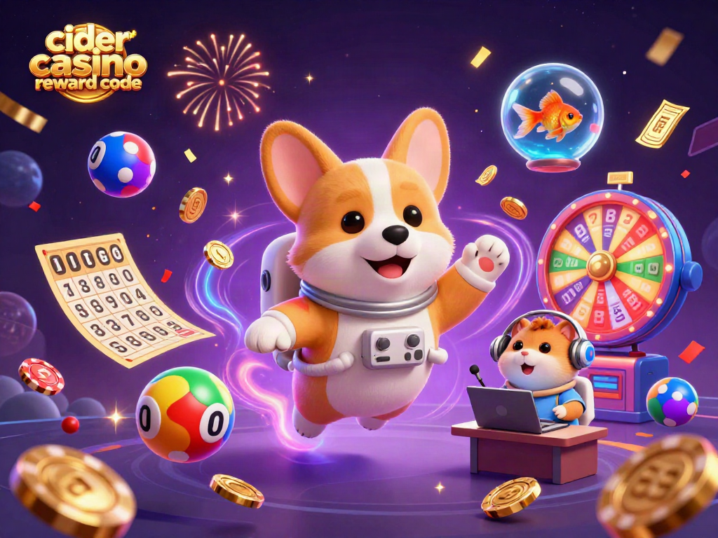 Engage with the exciting cider casino reward code in a vibrant cosmic casino scene filled with floating coins.