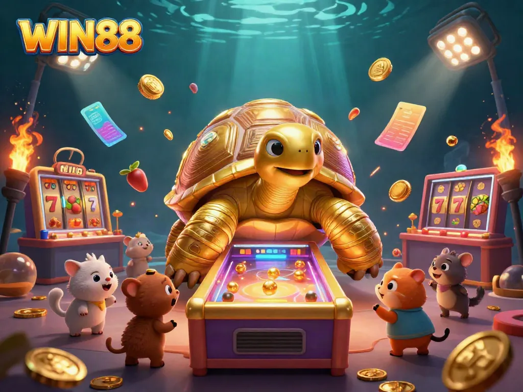 Experience the thrill of WIN88 in this colorful casino scene featuring a golden tortoise pinball machine.