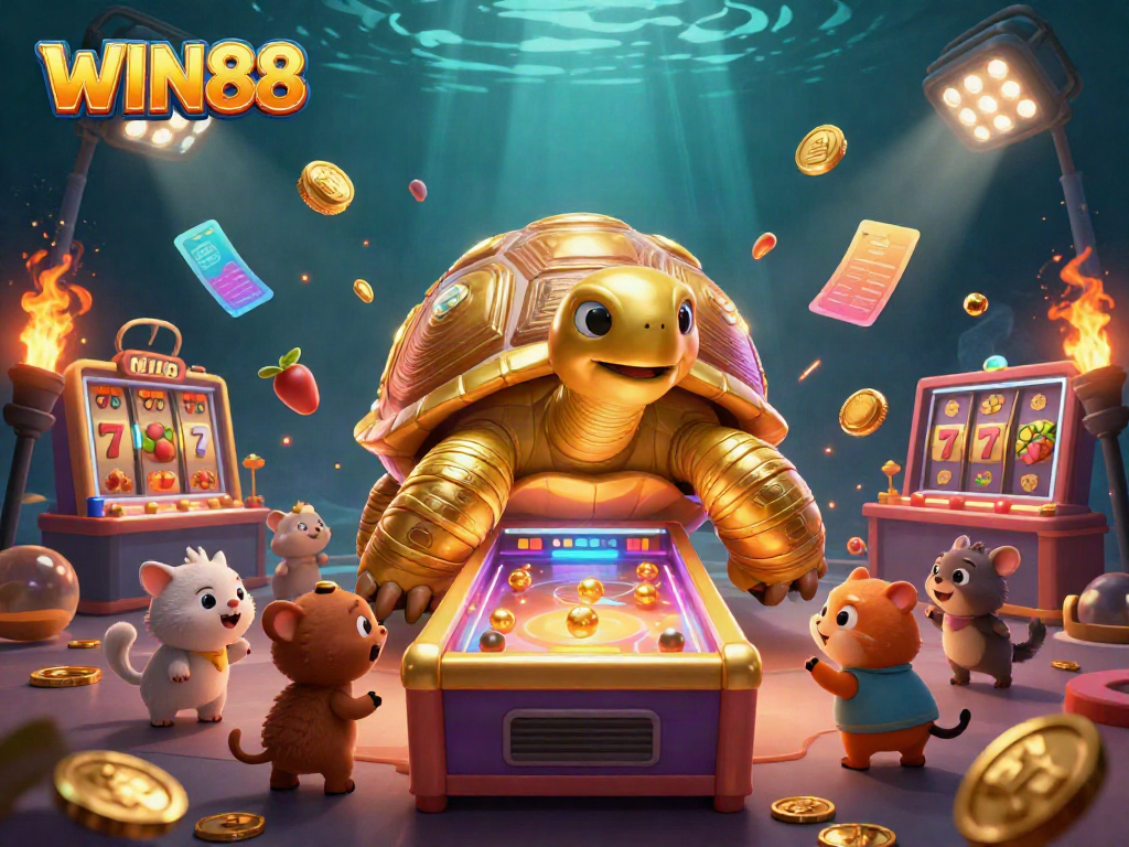Experience the thrill of WIN88 in this colorful casino scene featuring a golden tortoise pinball machine.