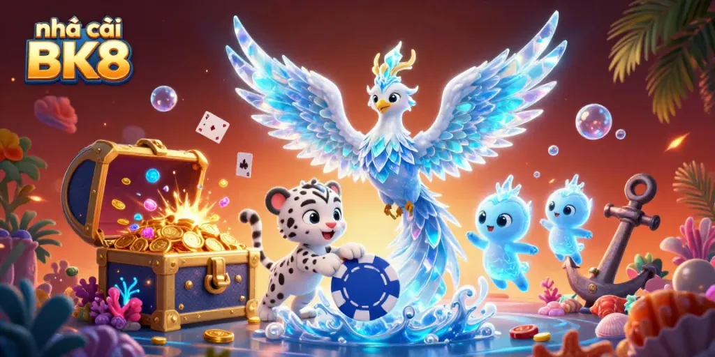 Experience the dynamic gaming scene of nhà cái BK8 with prismatic creatures and vibrant elements.