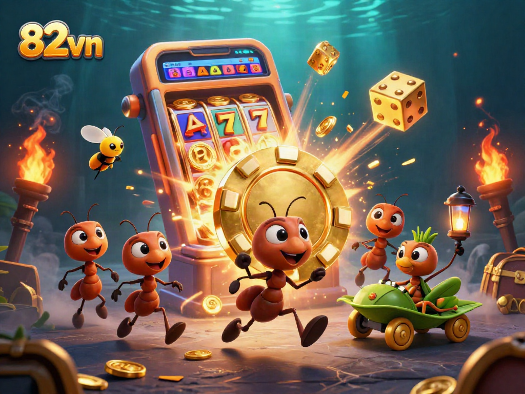 Ants carry a golden poker chip in a 3D casino scene with jackpot celebrations, showcasing 82vn.