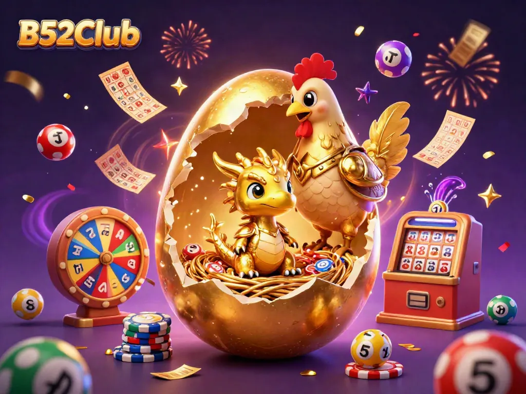 Engage in thrilling gaming with B52Club, featuring a dynamic illustration of a golden egg, a dragon, and vibrant casino elements.