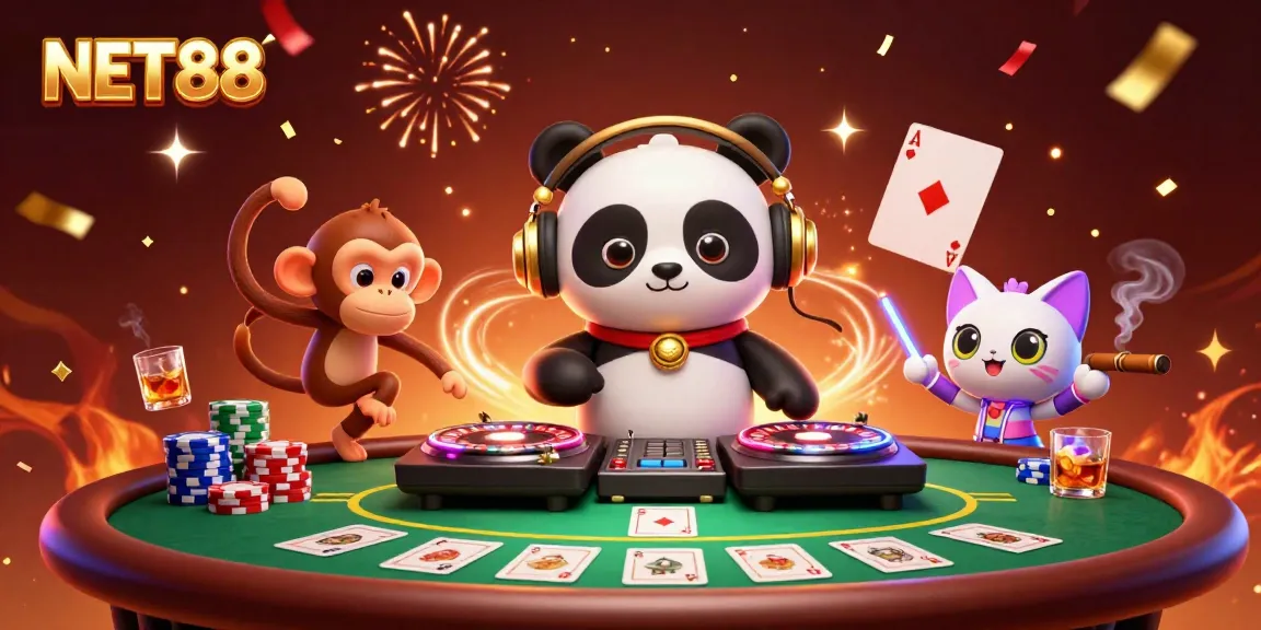 NET88 engages players with a festive casino atmosphere featuring a DJ panda and dancing characters.