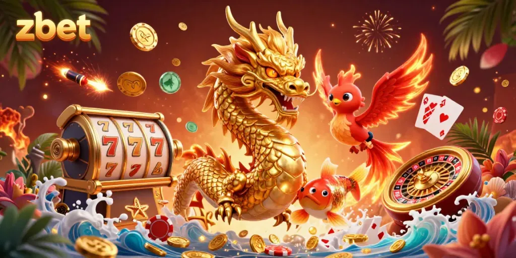 Experience thrilling wins with zbet in this vibrant 3D casino scene showcasing dragons and fortune.