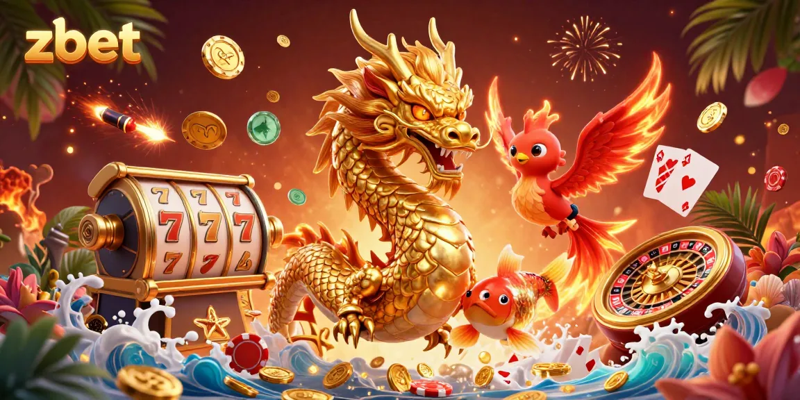 Experience thrilling wins with zbet in this vibrant 3D casino scene showcasing dragons and fortune.