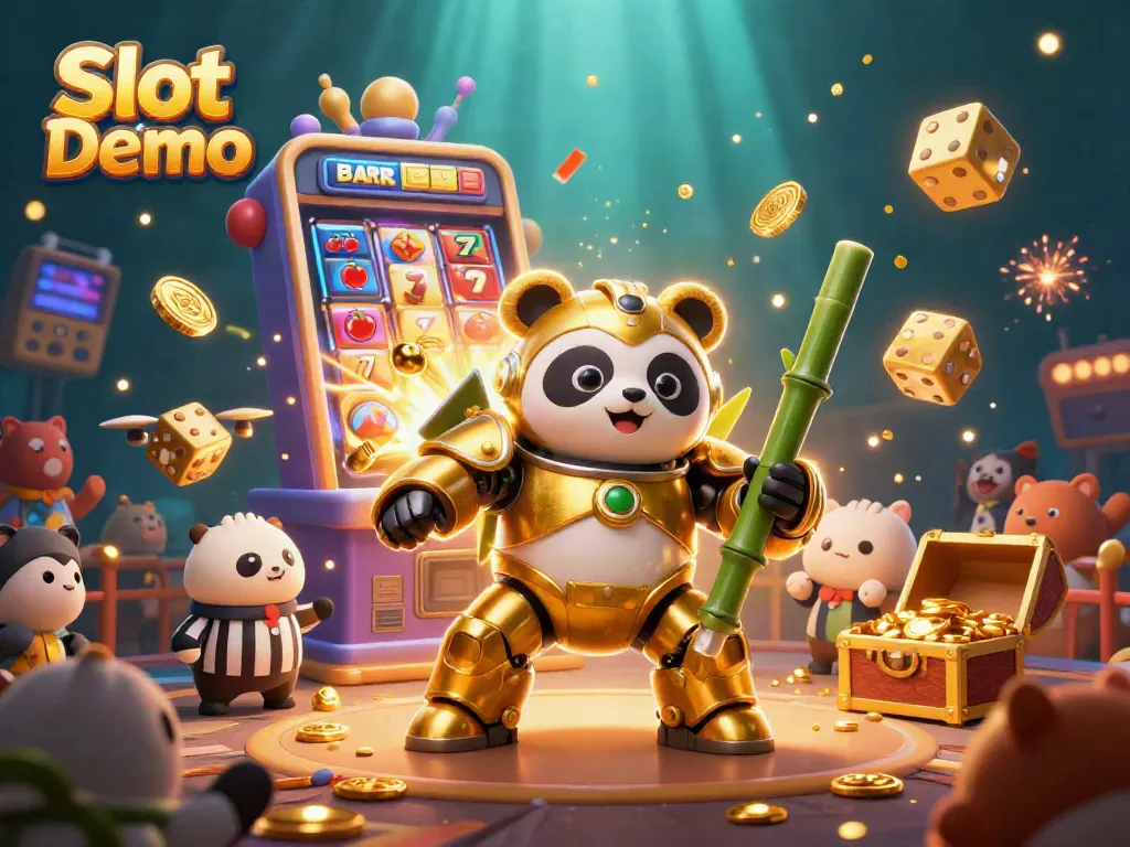 Experience the excitement of Slot Demo with a dynamic scene featuring a golden panda mech and exploding slot machine.