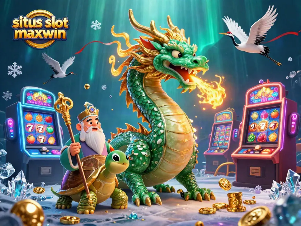 Spin the reels on situs slot gacor maxwin with a dynamic illustration featuring a jade dragon and lucky cranes.
