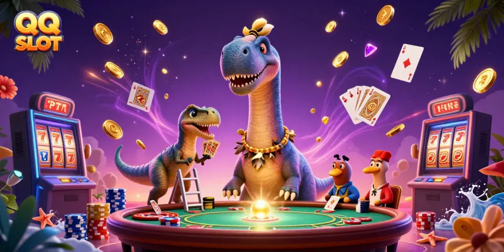 Engage with QQ SLOT's exhilarating casino adventure featuring vibrant cartoon characters.