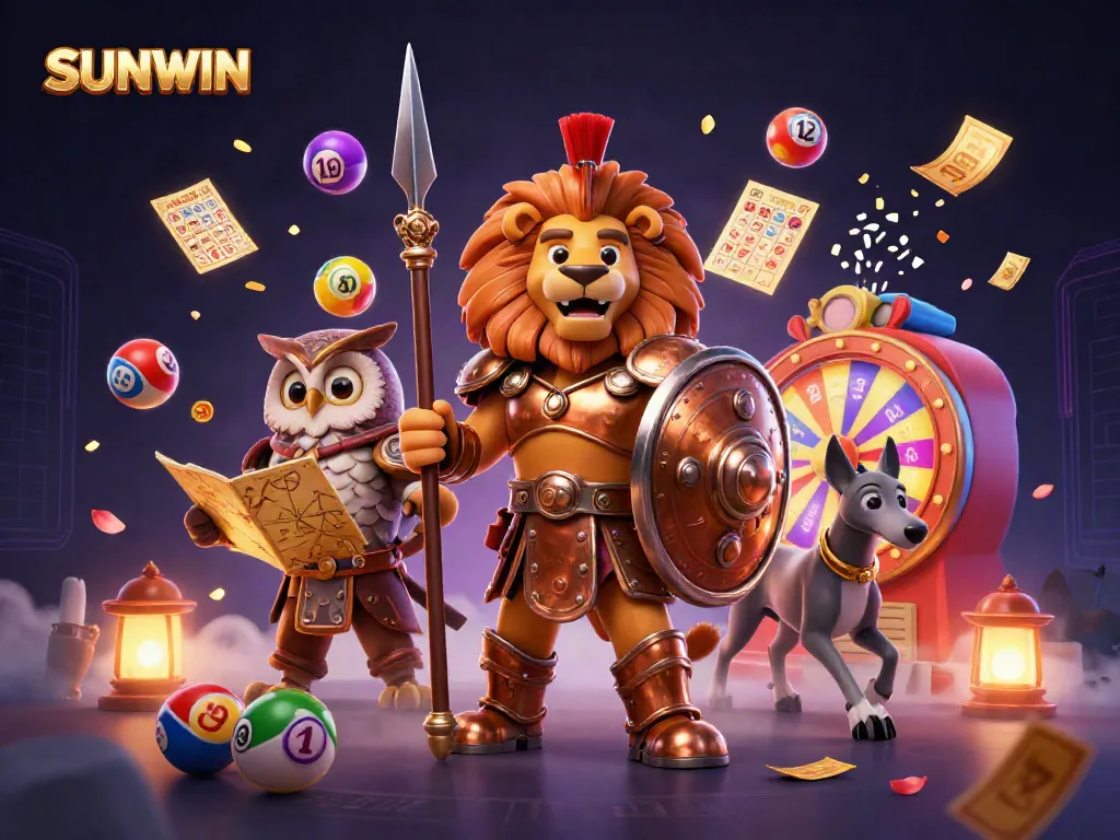SUNWIN's thrilling gaming adventure with a lion warrior, owl strategist, and messenger amid dynamic casino elements.