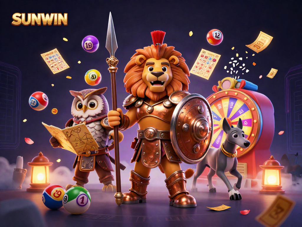 SUNWIN's thrilling gaming adventure with a lion warrior, owl strategist, and messenger amid dynamic casino elements.