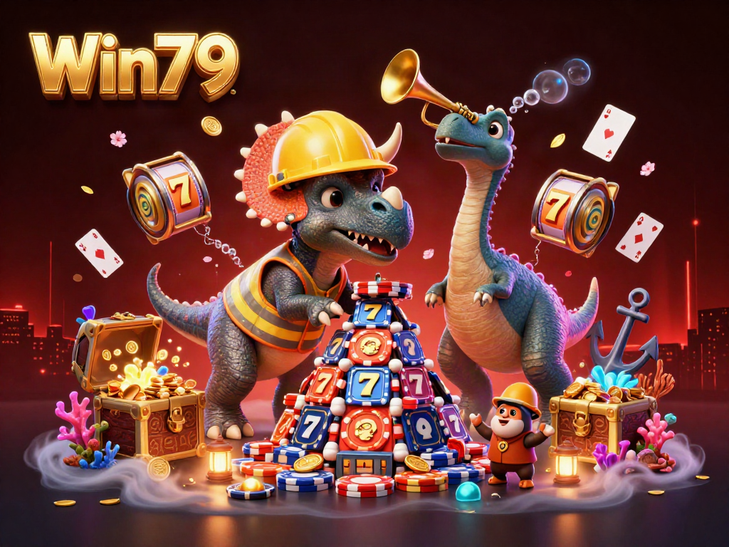 Win79 brings excitement with a cartoon scene featuring a triceratops and parasaurolophus celebrating in a vibrant casino environment.