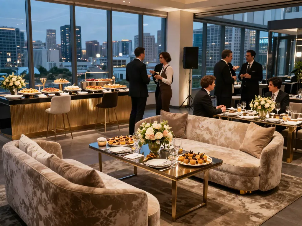 Event furniture rental at a luxurious corporate gala featuring elegant seating and themed décor in a vibrant venue.