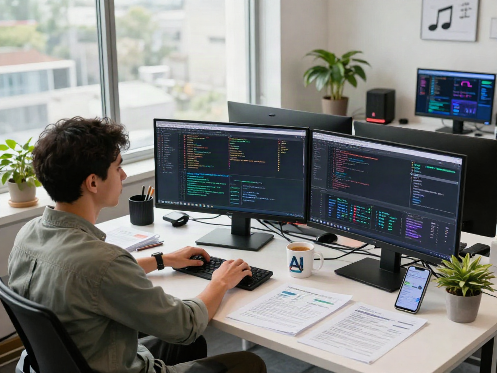 Workspace focused on AI Detection development, showcasing a data scientist analyzing algorithms.