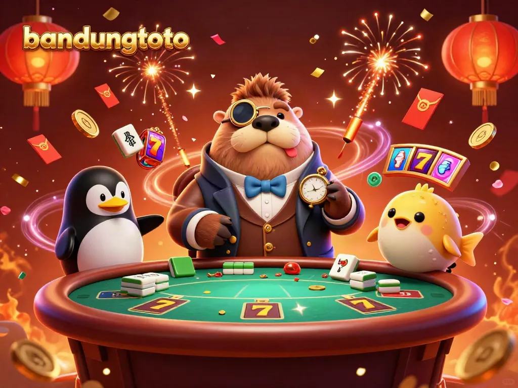 Bandungtoto's vibrant underwater casino scene with a walrus and penguin dealer, showcasing dynamic slot games.