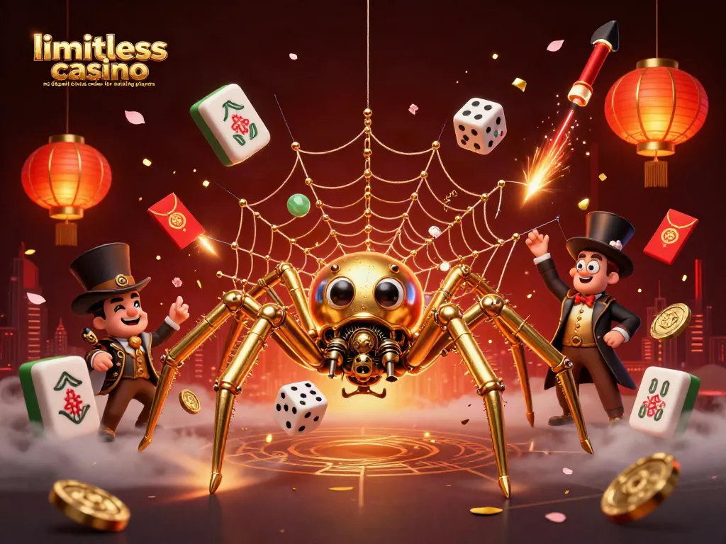 Experience the thrill of limitless casino no deposit bonus codes for existing players with a lively illustration of a golden spider capturing dice.