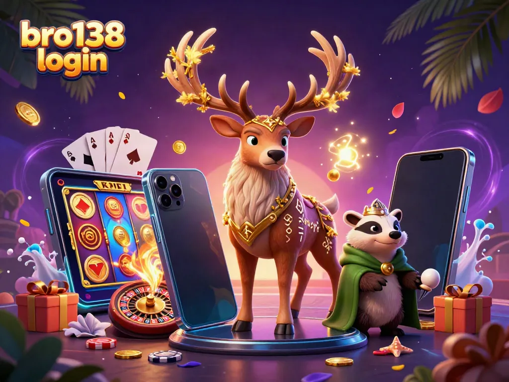 Join the fun of bro138 login with characters celebrating wins and gameplay in a vibrant casino scene.