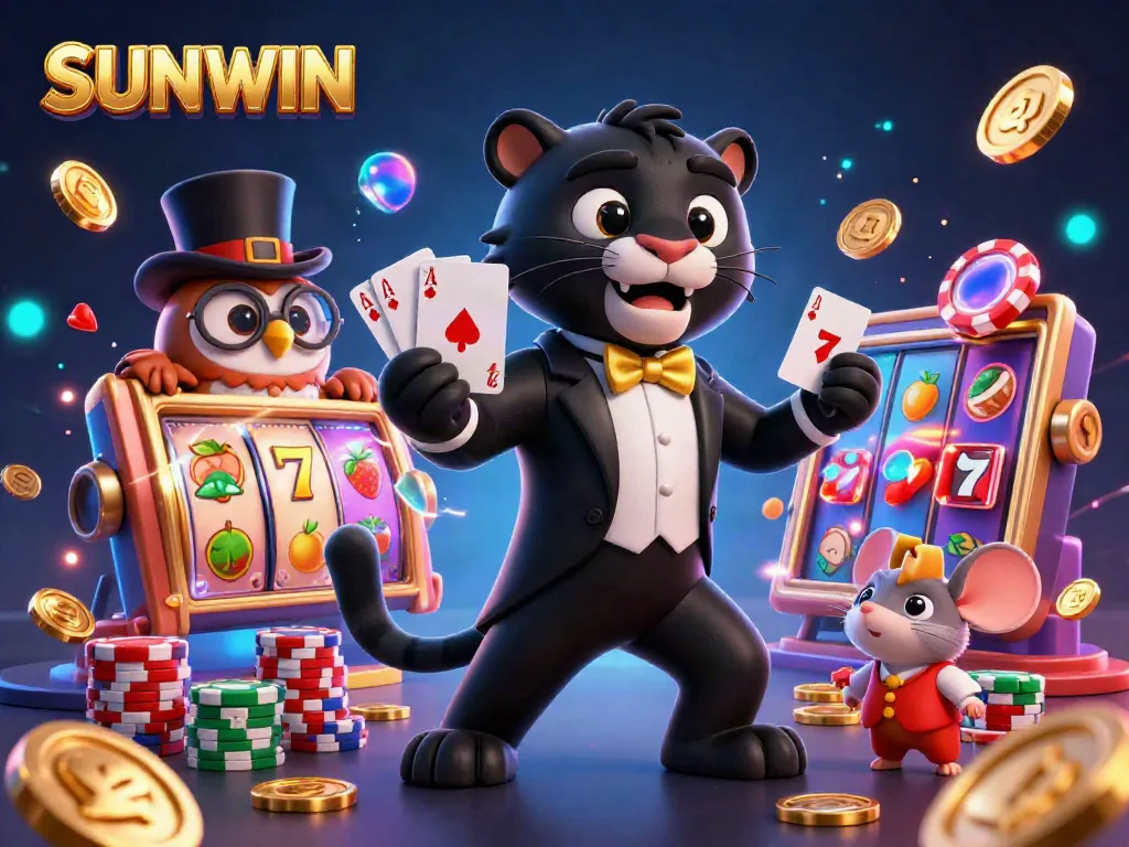SUNWIN presents a vibrant 3D casino scene with a stylish panther dealing cards amidst glowing slot machines and animated coins.