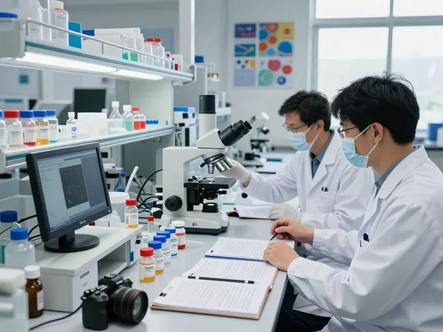 Lab researchers analyzing Cag10 peptides in a modern laboratory, showcasing advanced scientific collaboration.