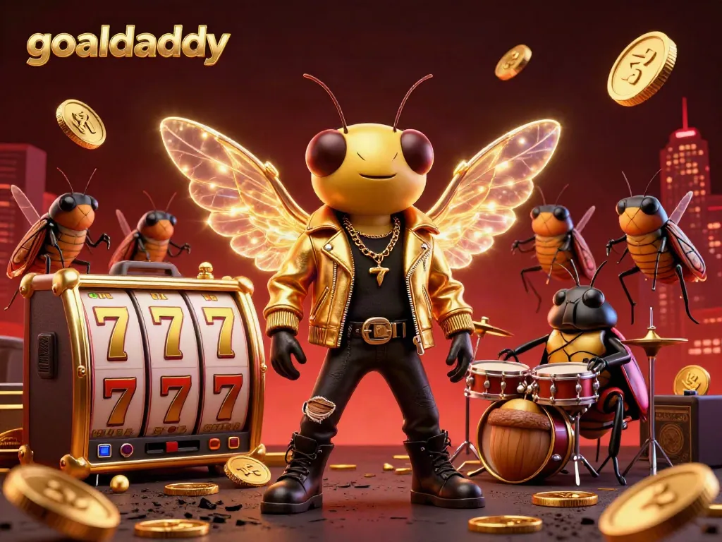 Experience thrilling gameplay with goaldaddy's vibrant casino scene featuring a rock star cicada and gold coins.