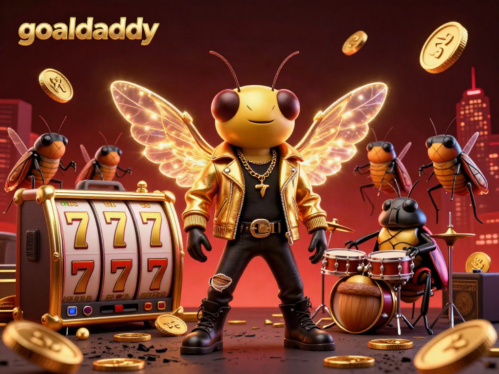 Experience thrilling gameplay with goaldaddy's vibrant casino scene featuring a rock star cicada and gold coins.