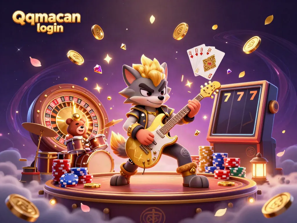 Experience the exciting qqmacan login at a vibrant casino with rock star characters, golden coins, and dynamic game elements.