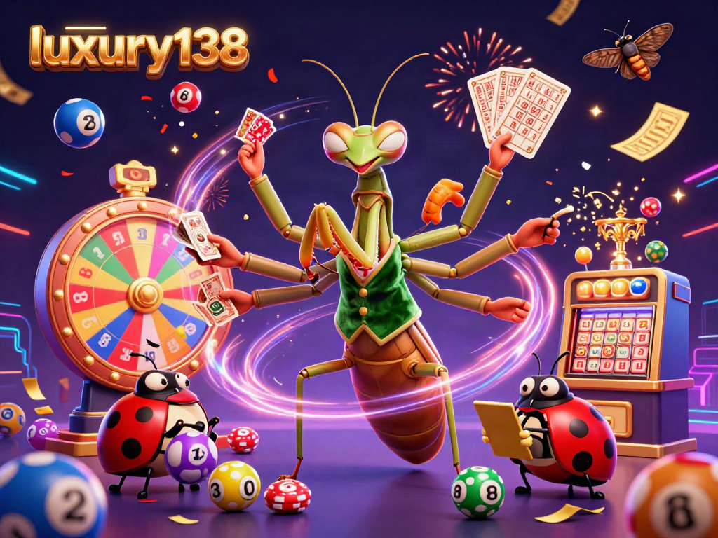 Mengalami sensasi permainan di luxury138 dengan ilustrasi karnaval kasino yang meriah bersama karakter unik.