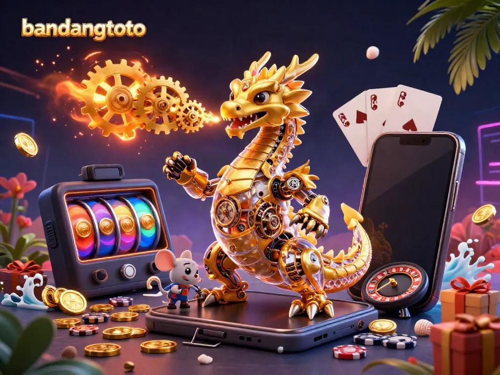 Experience the captivating world of bandungtoto with a golden dragon and gaming elements creating a vibrant atmosphere.