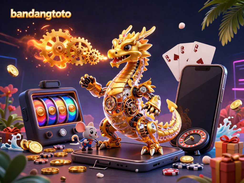 Experience the captivating world of bandungtoto with a golden dragon and gaming elements creating a vibrant atmosphere.
