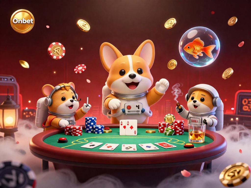 Experience Onbet's thrilling casino atmosphere with a floating space-themed scene of an astronaut corgi enjoying games.