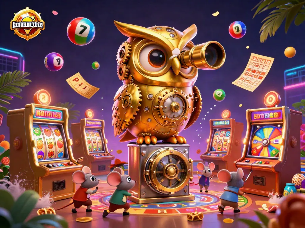 Engage with the thrilling atmosphere of bandungtoto, featuring a golden owl overlooking dynamic casino action.
