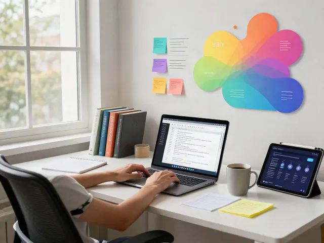 Writer using AI to write search optimized content in a modern workspace
