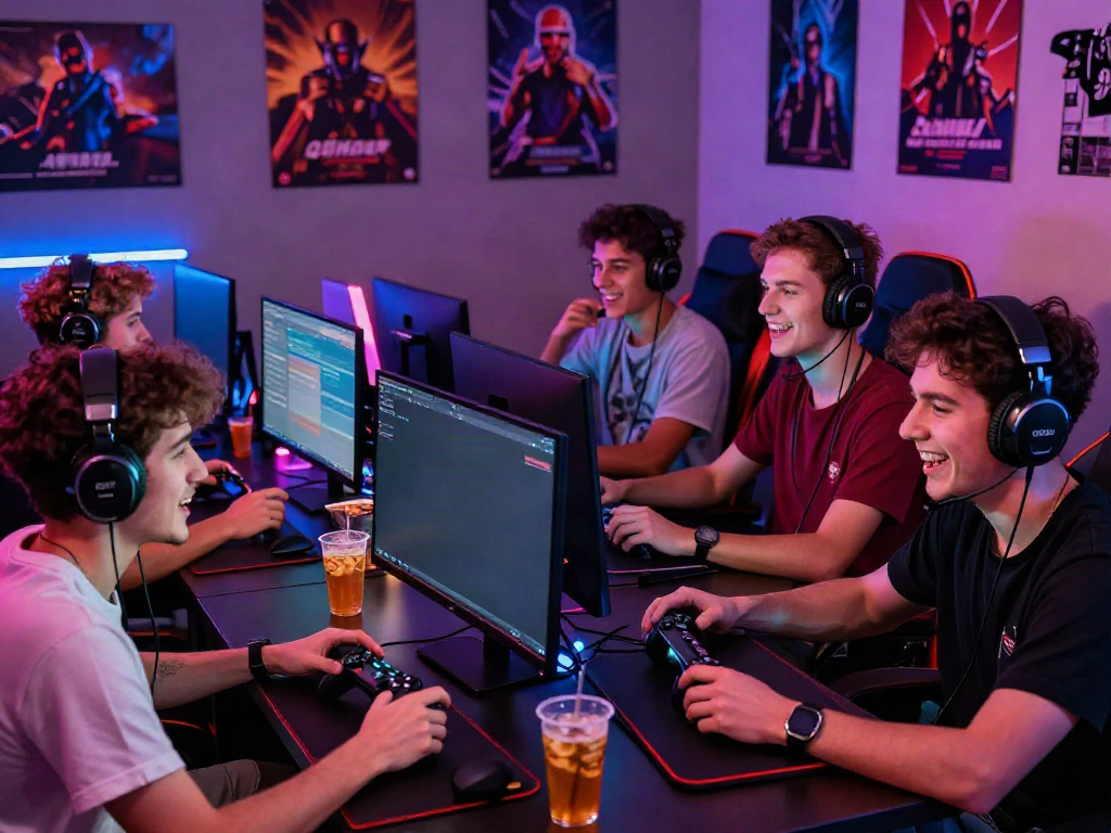 Group of friends enjoying QQMacan game in a lively gaming setup.