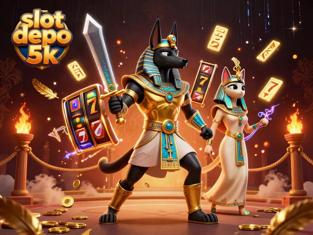 Engage in thrilling gameplay with slot depo 5k featuring Anubis and Bastet in a vibrant casino scene.