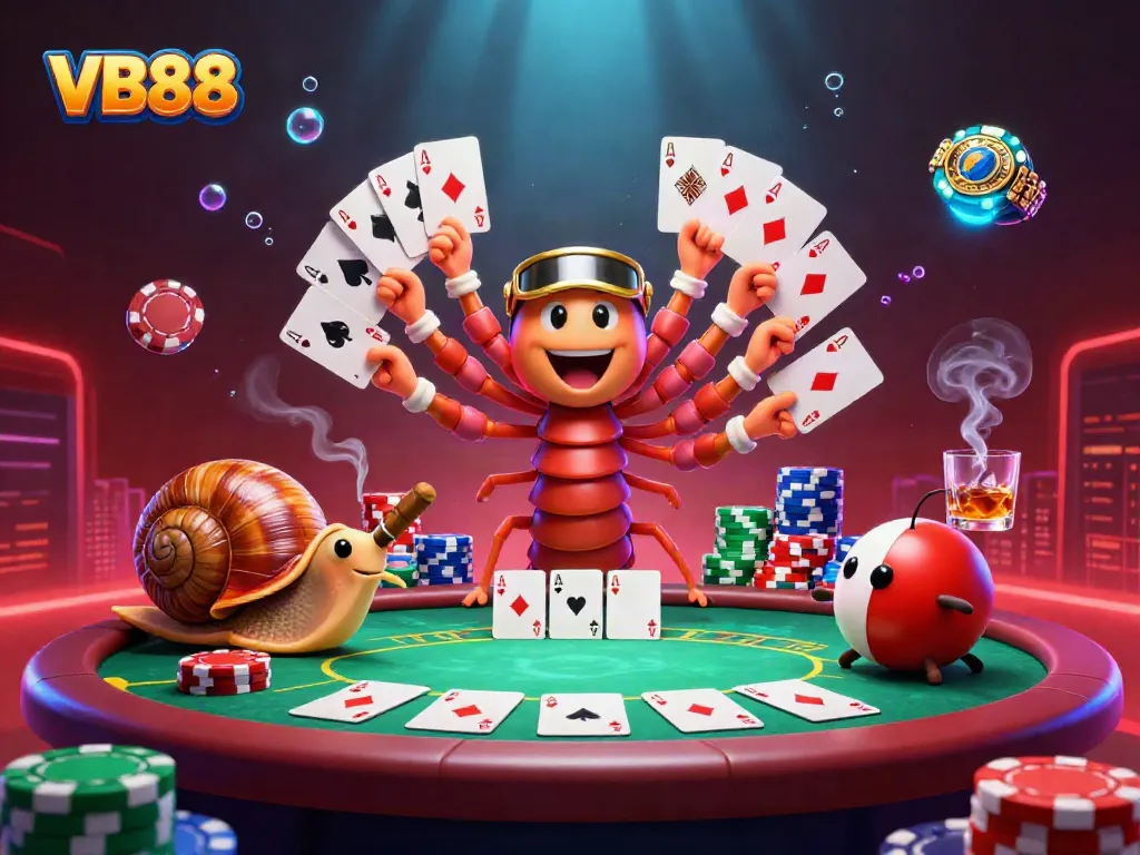 Engage with VB88 at a lively poker table featuring unique characters like a millipede dealer and high-rolling snail.