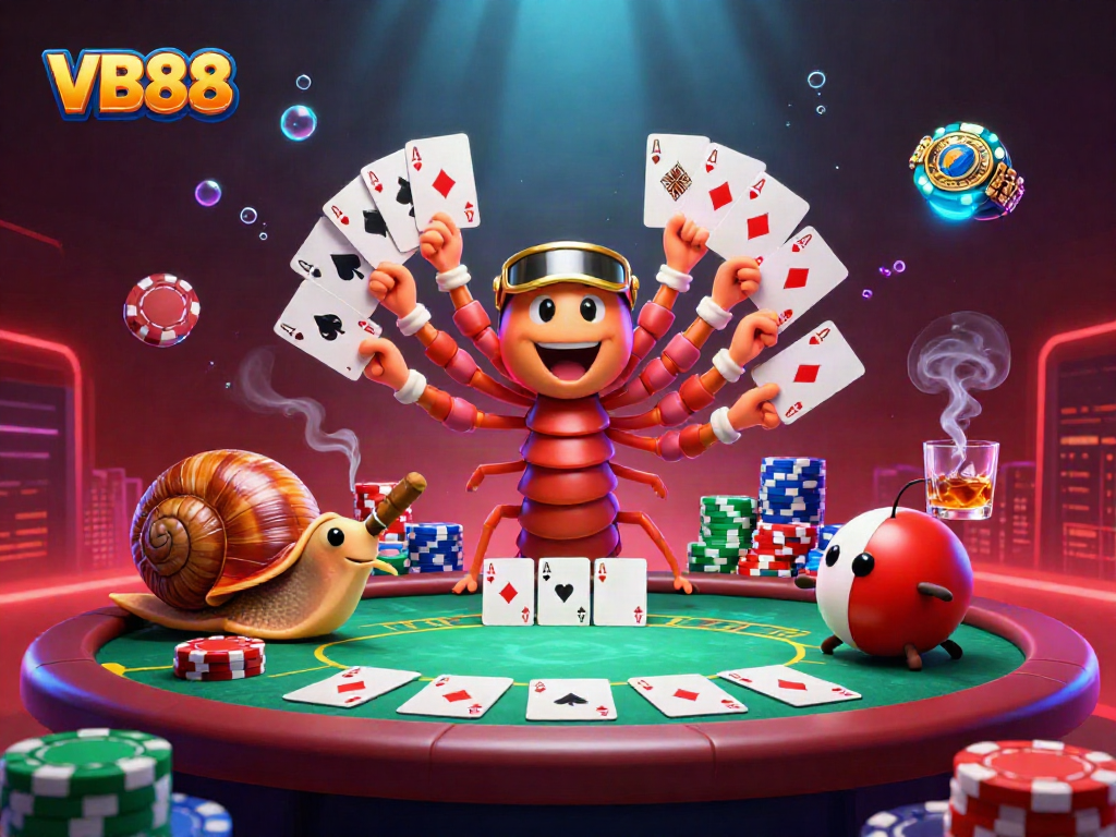 Engage with VB88 at a lively poker table featuring unique characters like a millipede dealer and high-rolling snail.