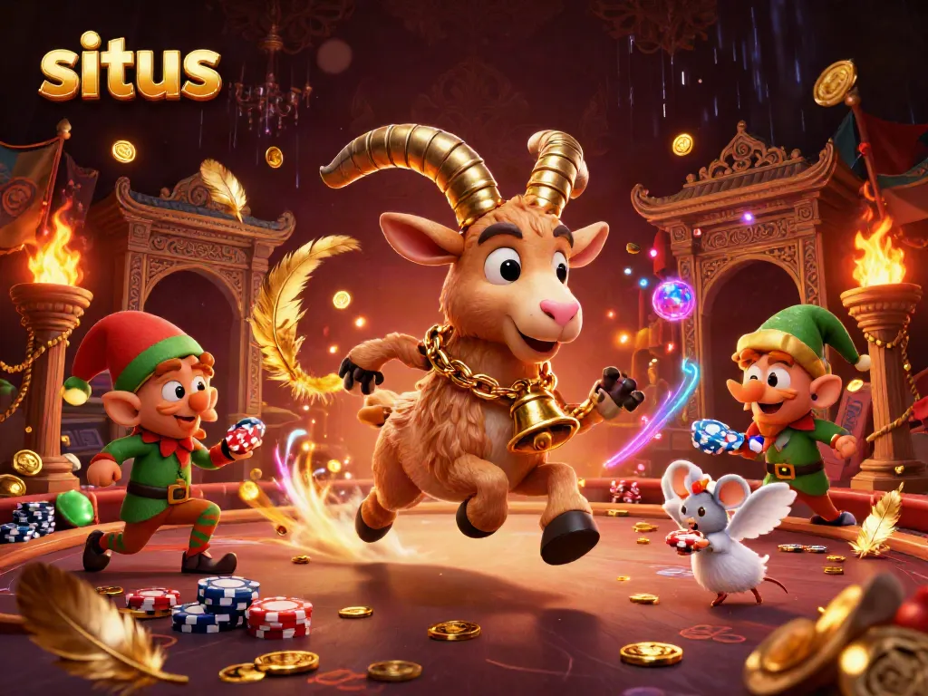 Experience the excitement at situs with a chaotic casino scene of a Krampus goat, angel mouse, and elf gremlins!