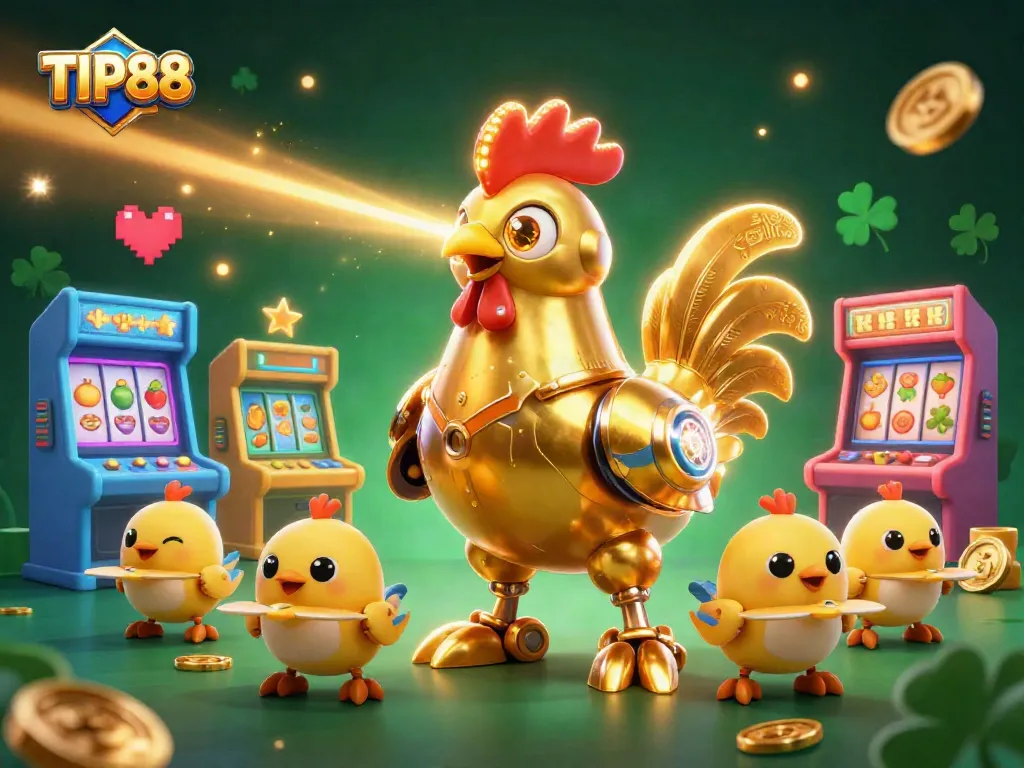 Experience thrilling slots and games with TIP88, where golden rooster robot leads exciting adventures.
