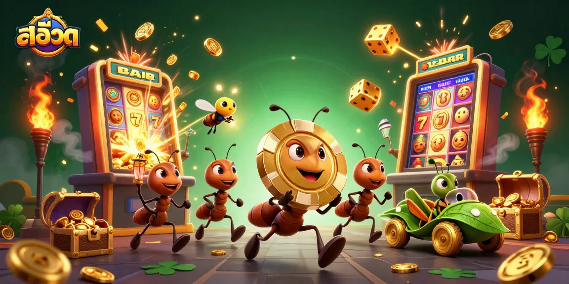สล็อต themed 3D scene with ants stealing a giant poker chip, showcasing vibrant casino elements.