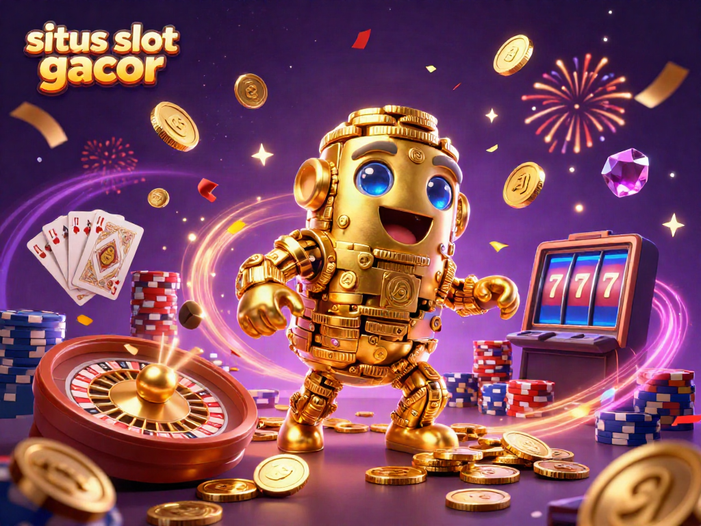 Engage with situs slot gacor: A vibrant 3D illustration showcasing a golden golem surrounded by slots, poker chips, and sparkling gems.