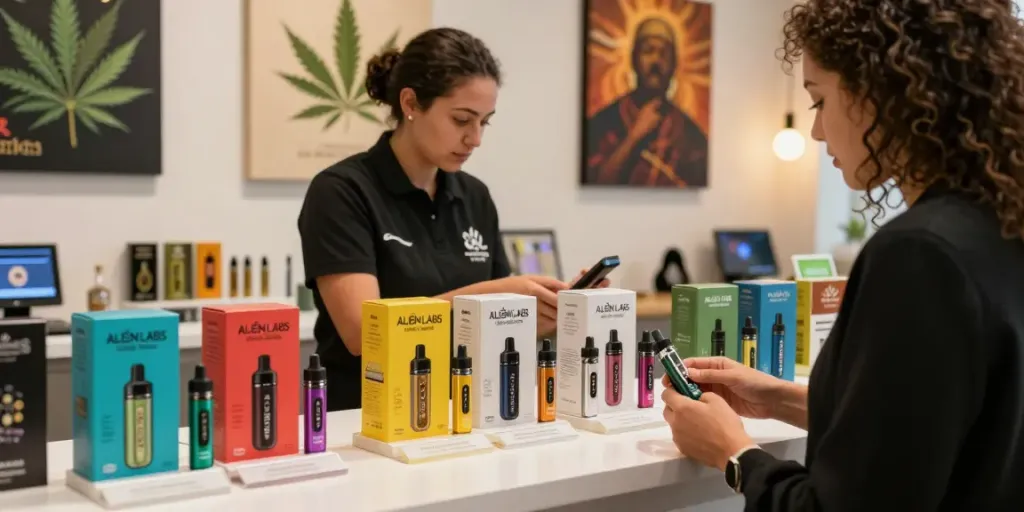 Premium Alien Labs Disposable vapes displayed with customer assistance in a modern cannabis retail space.