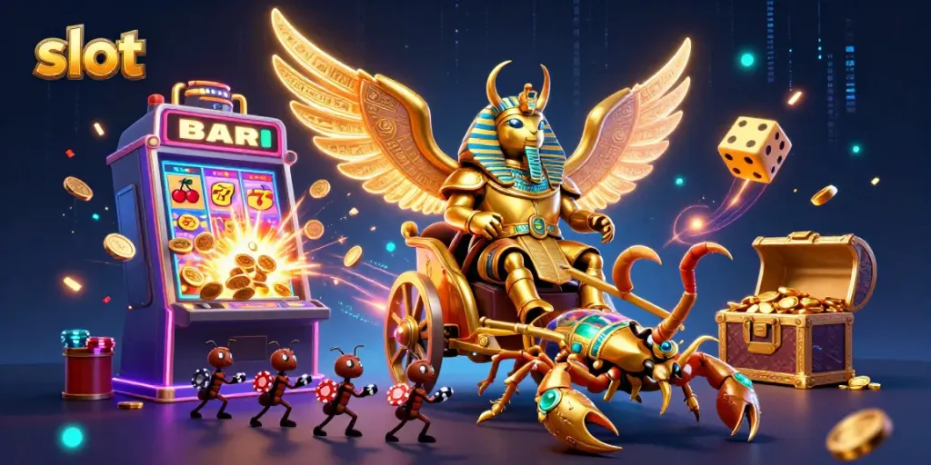 Experience thrilling slot excitement with dynamic characters and casino elements in a 3D illustration.