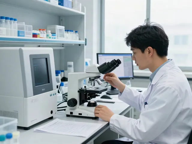 Researcher analyzing Thymosin Alpha-1 for sale under microscope in a professional lab environment