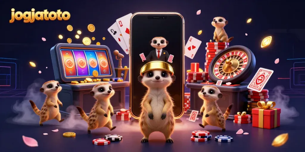 Experience thrilling fun at jogjatoto with meerkats spinning colorful slots and sneaking chips!