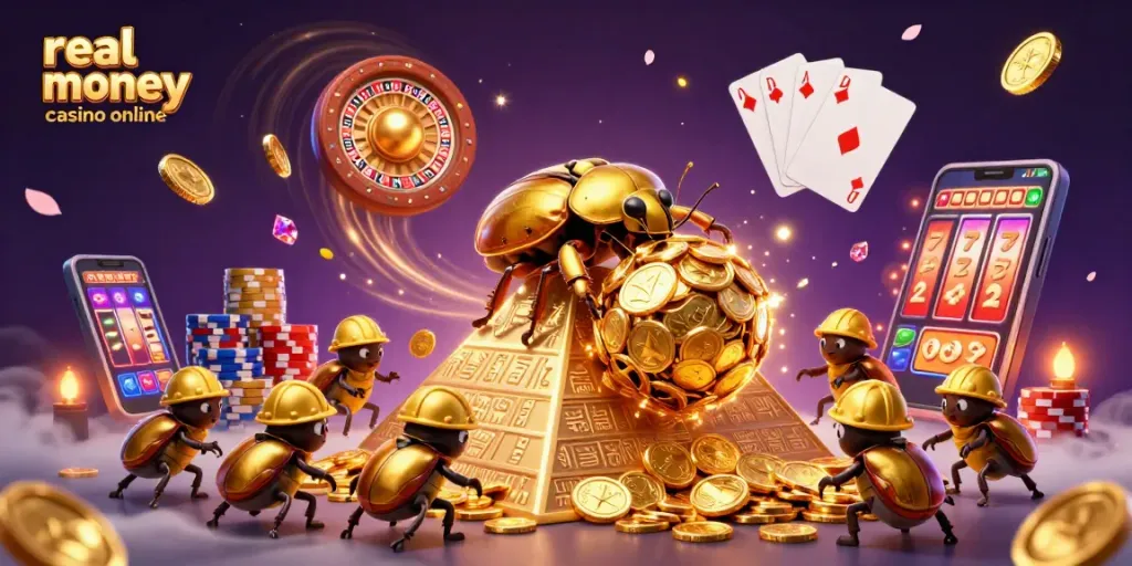 Experience excitement with a real money casino online, featuring golden beetles and sparkling gems.