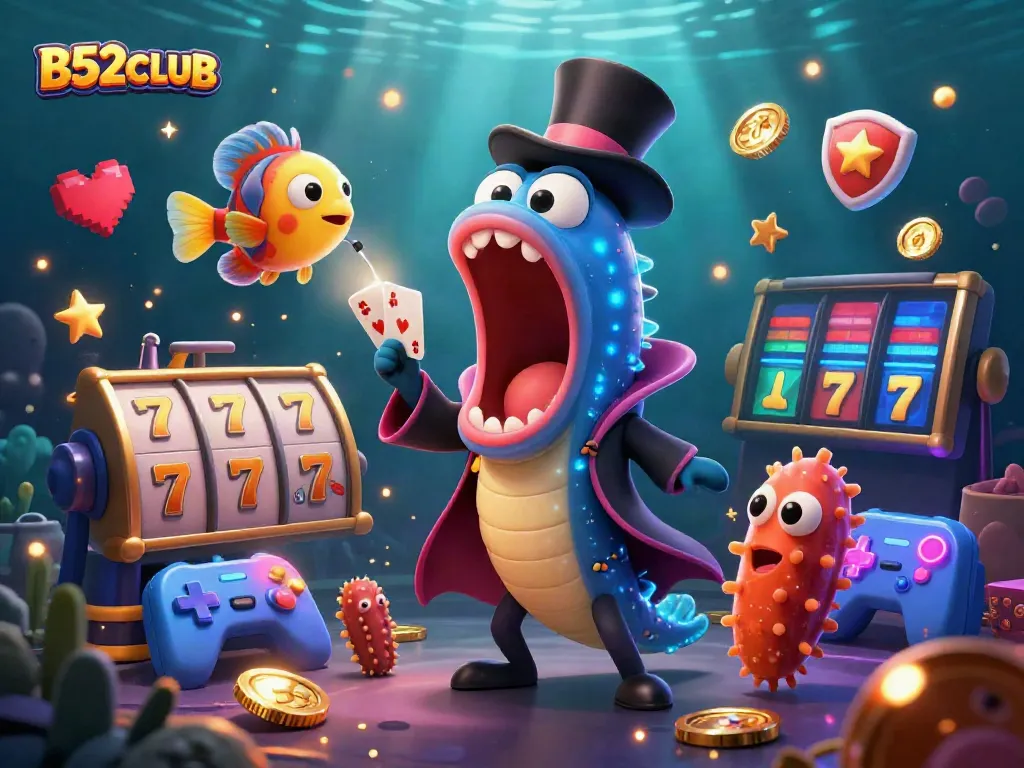 B52CLUB's vibrant 3D casino scene features an eel magician and anglerfish spotlighting thrilling card tricks.