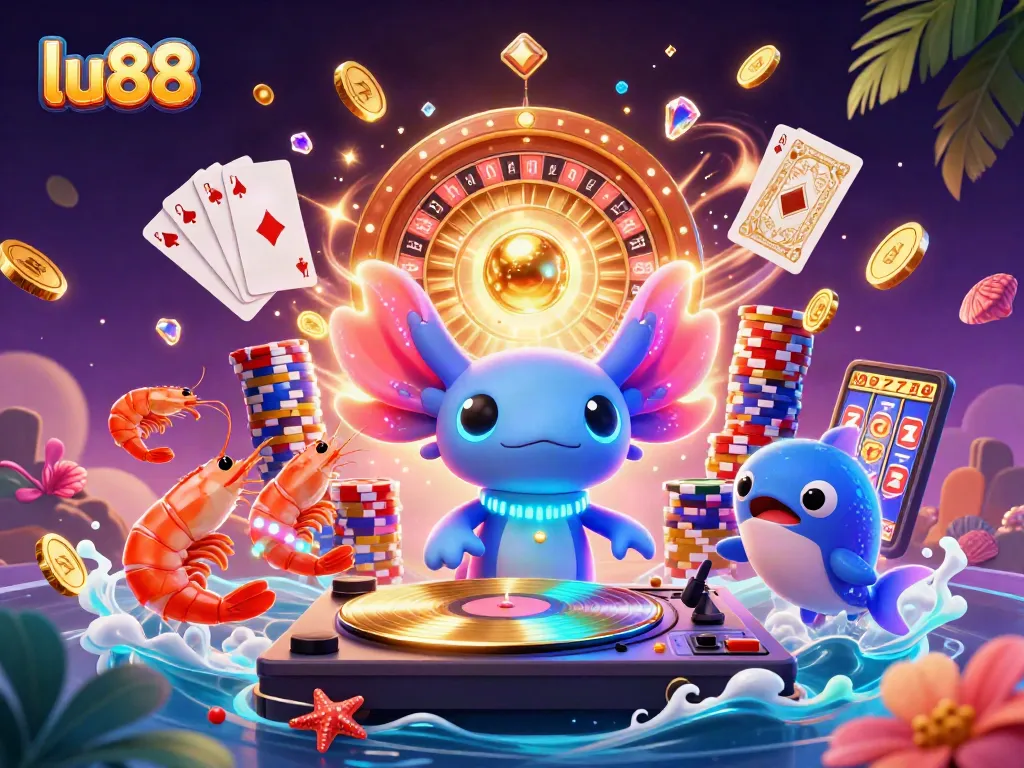 Experience thrilling gaming at lu88 with vibrant 3D casino characters, sparkling coins, and dynamic slot reels.