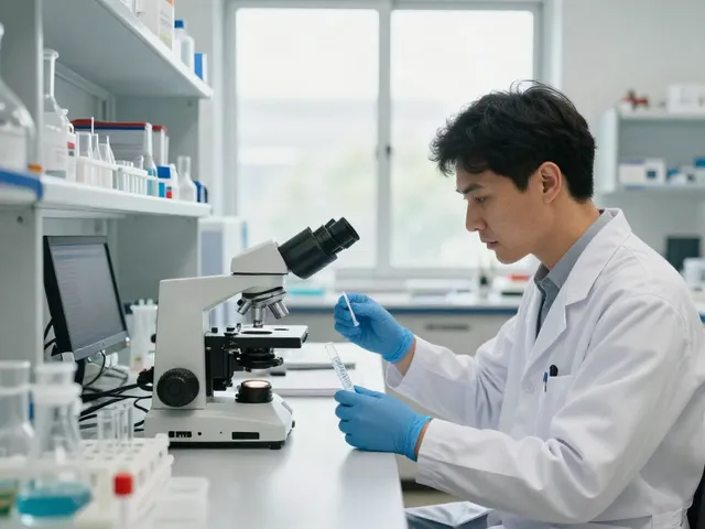 Buy tesamorelin peptide in a professional lab setting with researchers analyzing samples.